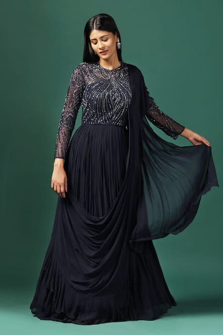 Two Sisters By Gyans Sequin & Cutdana Embellished Attached Drape Gown 