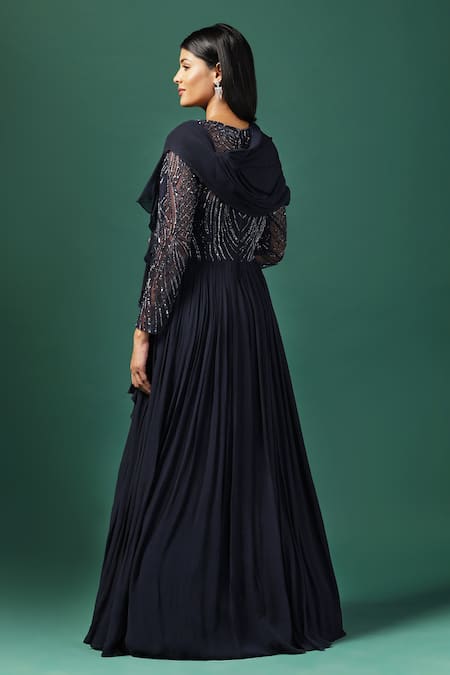 Two Sisters By Gyans Navy Blue Sequin Cutdana Drape Gown 
