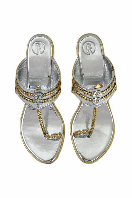 PREET KAUR Gold Hand Embroidered Two Tone Braided Strap Kolhapuri Heels 