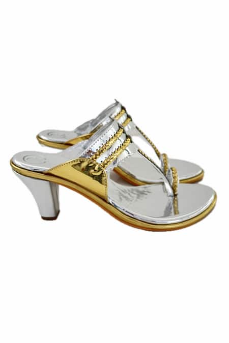 Shop Preet Kaur Gold Embroidery Two Tone Braided Strap Kolhapuri Heels at Aza Fashions Shop_Preet Kaur_Gold Embroidery Two Tone Braided Strap Kolhapuri Heels _at_Aza_Fashions