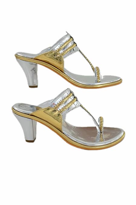 Preet Kaur Gold Embroidery Two Tone Braided Strap Kolhapuri Heels Online at Aza Fashions Preet Kaur_Gold Embroidery Two Tone Braided Strap Kolhapuri Heels _Online_at_Aza_Fashions