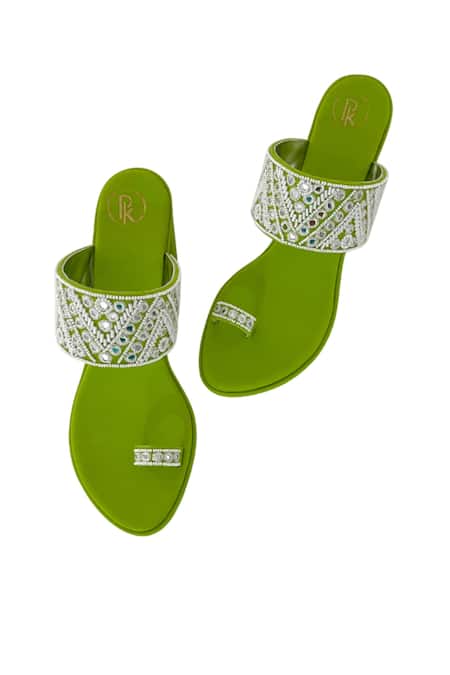 Shop_Preet Kaur_Green Embroidery, Sequins Resham Kolhapuri Heels _at_Aza_Fashions
