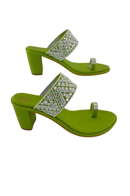 Buy_Preet Kaur_Green Embroidery, Sequins Resham Kolhapuri Heels _Online_at_Aza_Fashions