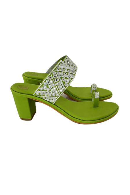 Shop_Preet Kaur_Green Embroidery, Sequins Resham Kolhapuri Heels _Online_at_Aza_Fashions