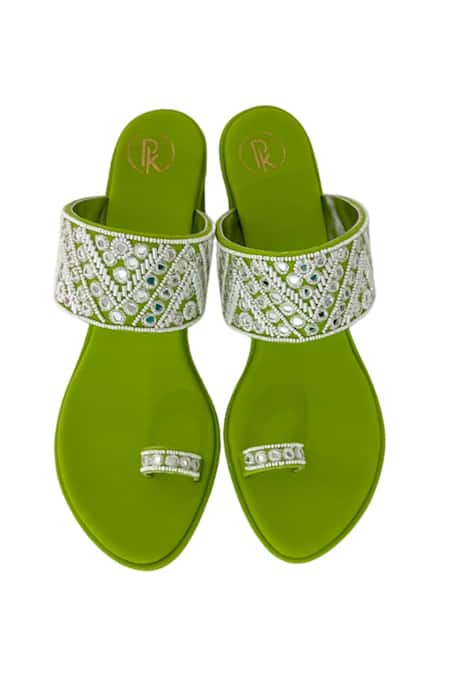 PREET KAUR Green Hand Embroidered Resham Kolhapuri Heels 