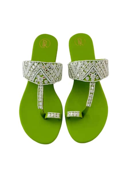 PREET KAUR Green Hand Embroidered Resham Kolhapuri Flats 