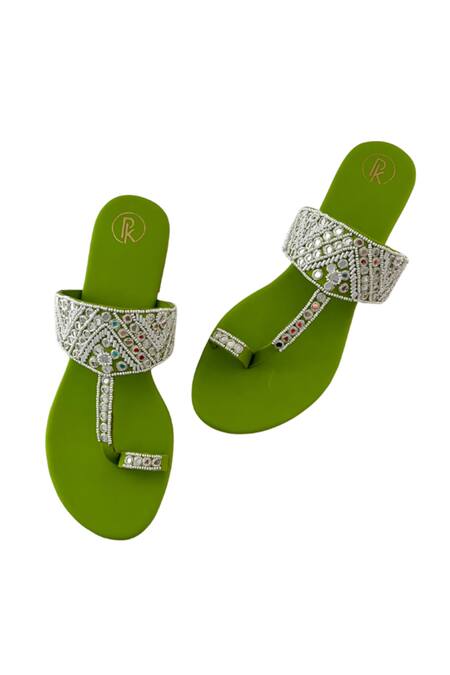 Shop Preet Kaur Green Resham Embroidered Kolhapuri Flats at Aza Fashions Shop_Preet Kaur_Green Resham Embroidered Kolhapuri Flats _at_Aza_Fashions