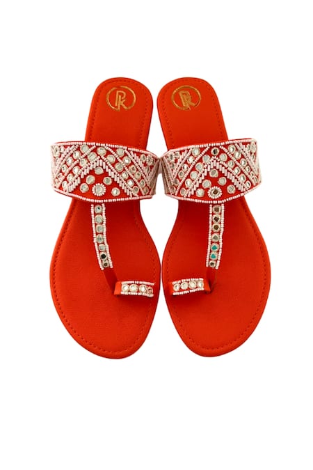 Shop Preet Kaur Orange Resham Hand Embroidered Kolhapuri Flats at Aza Fashions Shop_Preet Kaur_Orange Resham Hand Embroidered Kolhapuri Flats _at_Aza_Fashions