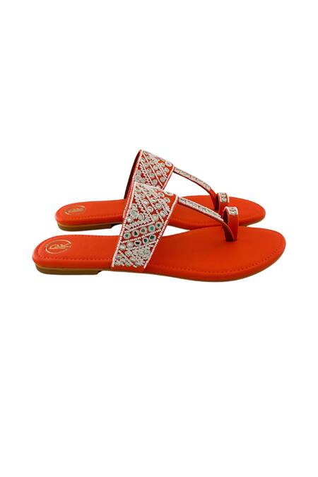 Shop Preet Kaur Orange Resham Hand Embroidered Kolhapuri Flats Online at Aza Fashions Shop_Preet Kaur_Orange Resham Hand Embroidered Kolhapuri Flats _Online_at_Aza_Fashions