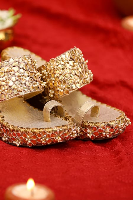 5elements_Gold Gota Patti, Pearls Flora Embellished Wedges _Online_at_Aza_Fashions
