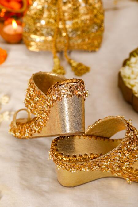 Buy_5elements_Gold Gota Patti, Pearls Flora Embellished Wedges _Online_at_Aza_Fashions