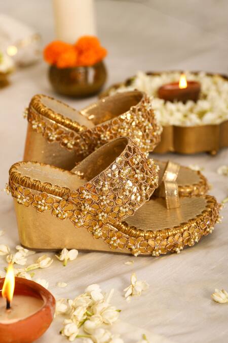Shop_5elements_Gold Gota Patti, Pearls Flora Embellished Wedges _Online_at_Aza_Fashions