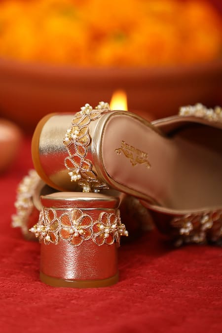 5elements_Gold Gota Patti, Pearls Embellished Mule Heels _Online_at_Aza_Fashions