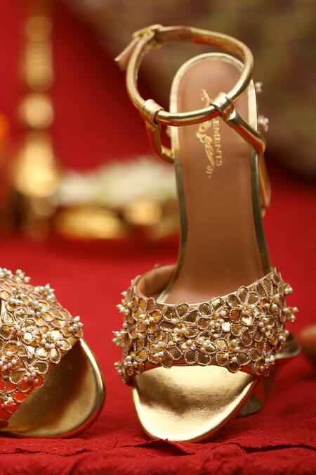 Buy_5elements_Gold Gota Patti, Beads Embellished Slider Heels _Online_at_Aza_Fashions