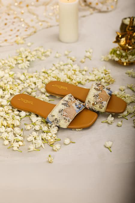 5elements_Beige Pearls, Chains Embellished Sliders _Online_at_Aza_Fashions