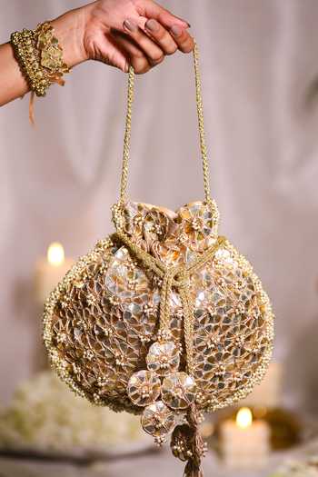 Shop 5elements Gold Embroidery Floral Gota Patti Potli Bag Online at Aza Fashions Shop_5elements_Gold Embroidery Floral Gota Patti Potli Bag _Online_at_Aza_Fashions
