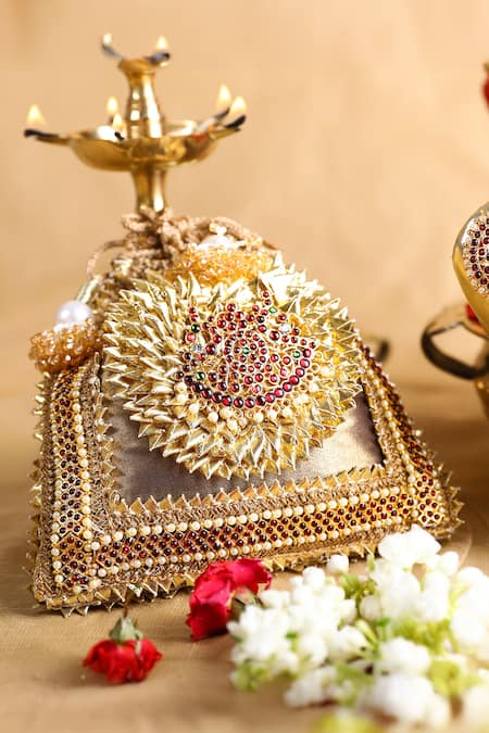 Shop_5elements_Gold Embroidery Floral Motif Potli Bag _at_Aza_Fashions