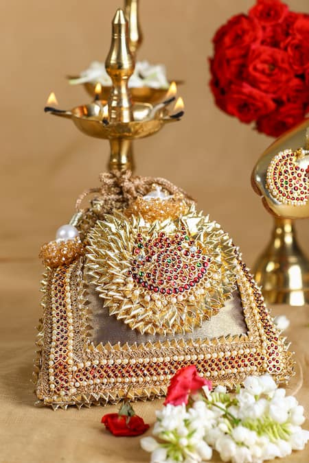 Buy_5elements_Gold Embroidery Floral Motif Potli Bag _Online_at_Aza_Fashions