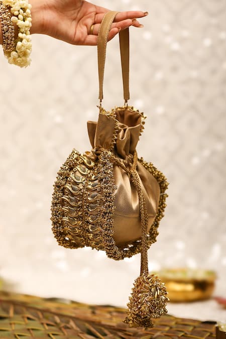 5elements_Gold Embroidery Ghungroo Potli Bag _Online_at_Aza_Fashions
