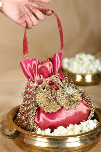 5elements_Pink Embroidery Floral Tassel Potli Bag _Online_at_Aza_Fashions