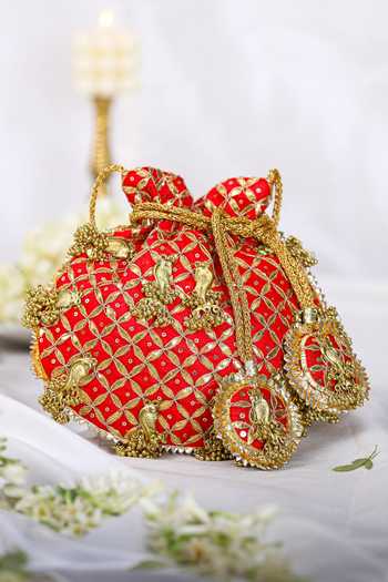 5elements_Red Embroidery Parrot Motif Potli Bag _Online_at_Aza_Fashions