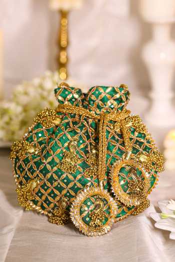 Buy 5elements Green Embroidery Floral Potli Bag at Aza Fashions Buy_5elements_Green Embroidery Floral Potli Bag _at_Aza_Fashions