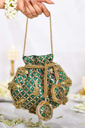 Shop 5elements Green Embroidery Floral Potli Bag at Aza Fashions Shop_5elements_Green Embroidery Floral Potli Bag _at_Aza_Fashions