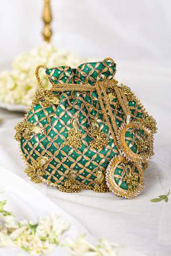 5elements Green Embroidery Floral Potli Bag Online at Aza Fashions 5elements_Green Embroidery Floral Potli Bag _Online_at_Aza_Fashions