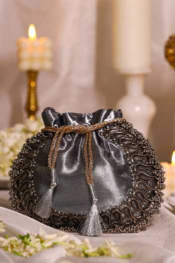 5elements_Gray Embroidery Metallic Potli Bag _Online_at_Aza_Fashions