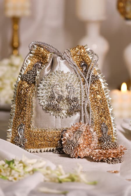 5elements_Silver Embroidery Floral Gota Patti Potli Bag _Online_at_Aza_Fashions