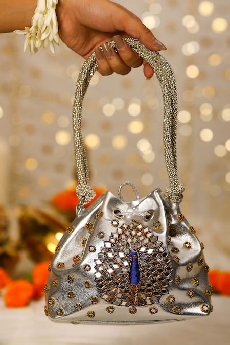 Buy_5elements_Silver Beads, Mirrors, Embroidery Peacock Mirrorwork Potli Bag _Online_at_Aza_Fashions