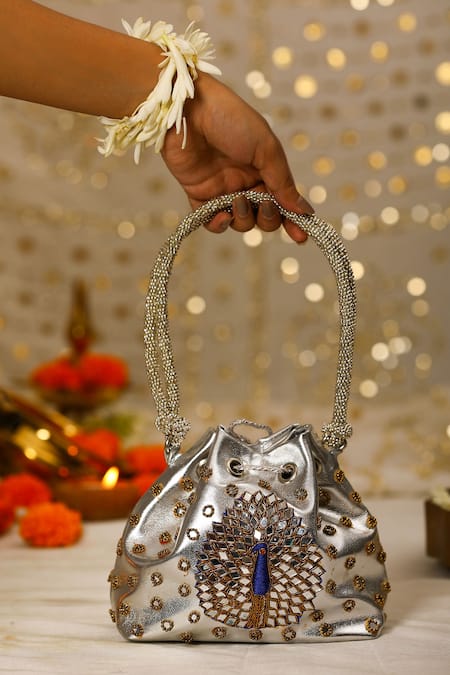 Shop_5elements_Silver Beads, Mirrors, Embroidery Peacock Mirrorwork Potli Bag _Online_at_Aza_Fashions