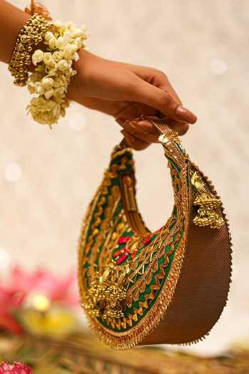 5elements_Green Gota Patti Peacock Potli Bag _Online_at_Aza_Fashions