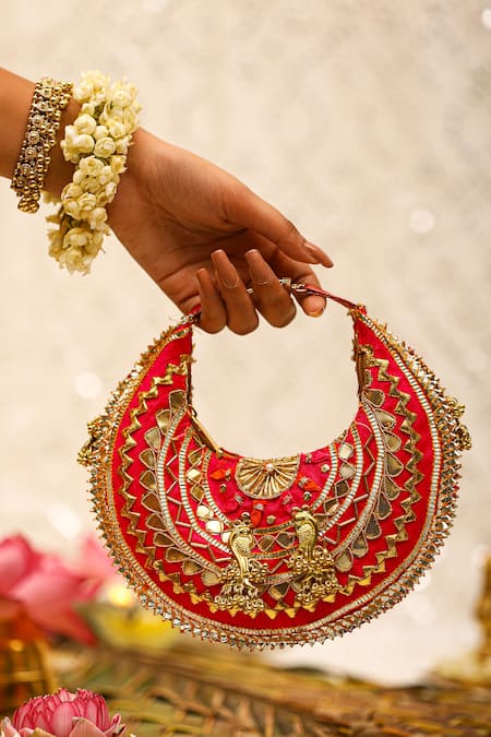 Shop 5elements Red Gota Patti Embellished Potli Bag at Aza Fashions Shop_5elements_Red Gota Patti Embellished Potli Bag _at_Aza_Fashions