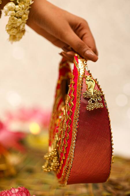 5elements Red Gota Patti Embellished Potli Bag Online at Aza Fashions 5elements_Red Gota Patti Embellished Potli Bag _Online_at_Aza_Fashions