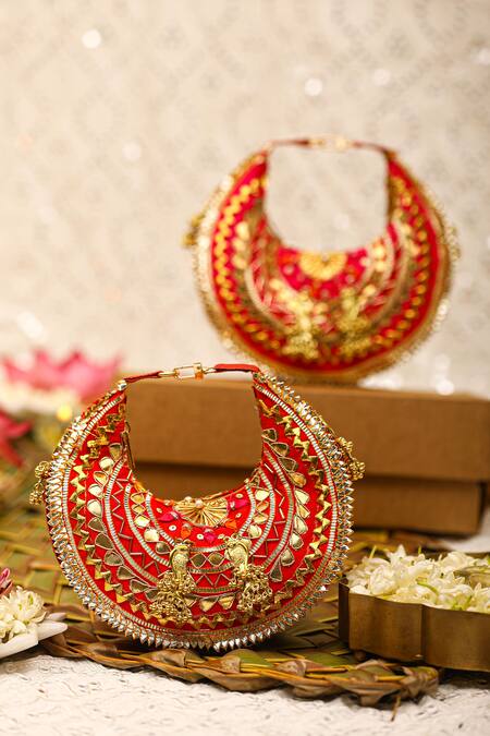 Buy 5elements Red Gota Patti Embellished Potli Bag Online at Aza Fashions Buy_5elements_Red Gota Patti Embellished Potli Bag _Online_at_Aza_Fashions