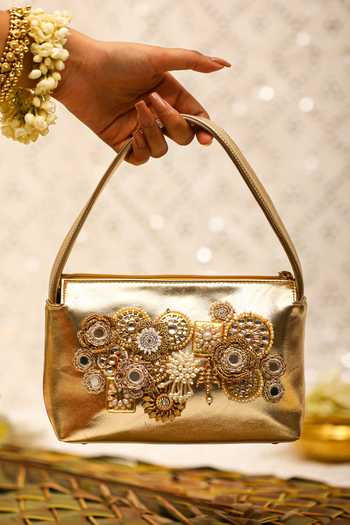 5elements_Gold Embroidery, Brooches Embellished Handbag _Online_at_Aza_Fashions