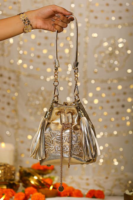 5elements_Gold Gota Patti Embroidered Potli Bag _Online_at_Aza_Fashions