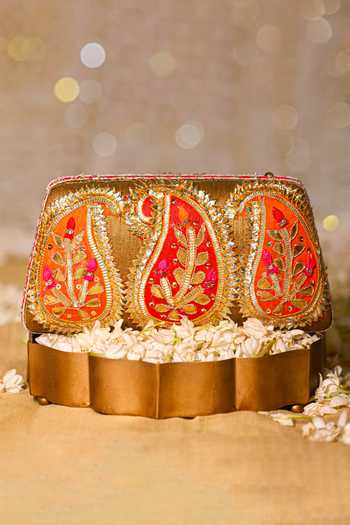 5elements_Orange Gota Patti, Lace Paisley Work Clutch _Online_at_Aza_Fashions