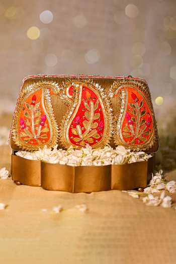 Buy_5elements_Orange Gota Patti, Lace Paisley Work Clutch _Online_at_Aza_Fashions