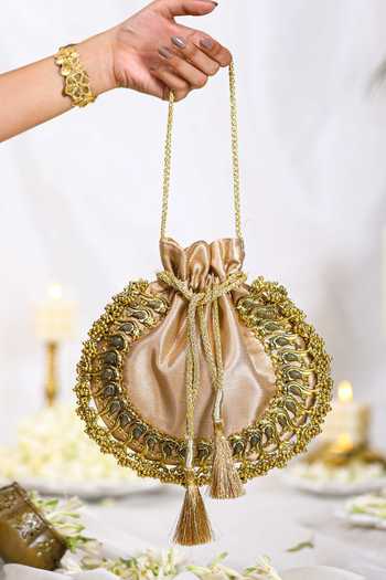 5elements Gold Pearls, Gota Patti Brocade Potli With Peacock Embellishments Online at Aza Fashions 5elements_Gold Pearls, Gota Patti Brocade Potli With Peacock Embellishments _Online_at_Aza_Fashions