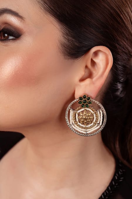 Anana Green Piping, Studs Floral Carved Kundan Polki Earrings
