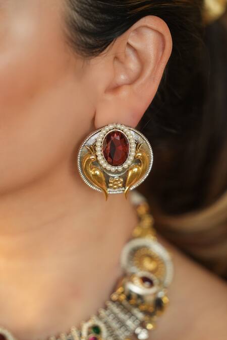 Anana_Red Zari Kundan Polki Blossom Choker Set _Online_at_Aza_Fashions