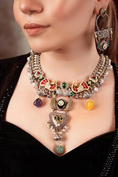 Shop Anana Green Beads, Zari Kundan Polki Padma Bloom Necklace Set at Aza Fashions Shop_Anana_Green Beads, Zari Kundan Polki Padma Bloom Necklace Set_at_Aza_Fashions