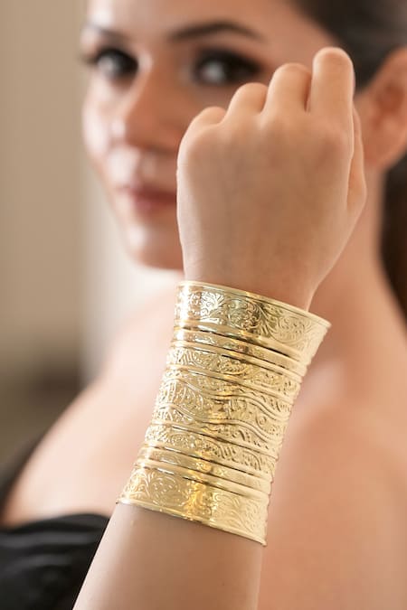 Shop_Anana_Gold Plated Vine Carved Cuff Bangles Set _at_Aza_Fashions