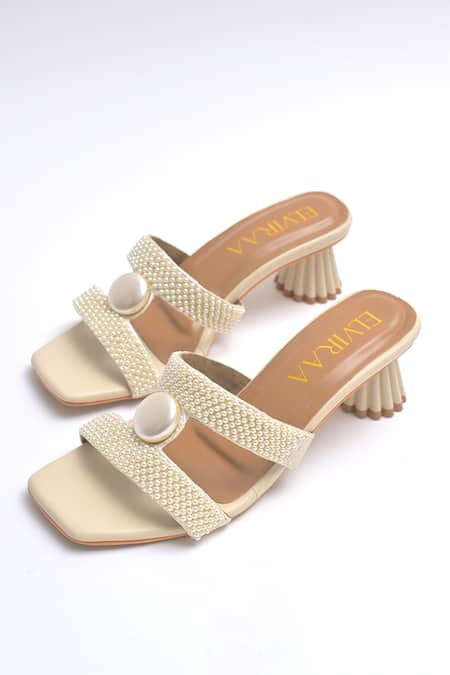 Elviraa By Pranali A Oswal Beige Pearl Embellished Sculptural Heels 