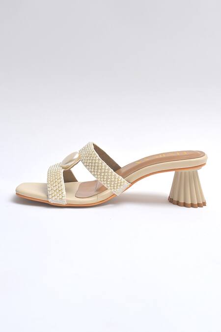 Elviraa By Pranali A Oswal_Beige Pearls Embellished Sculptural Heels _Online_at_Aza_Fashions
