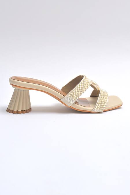 Buy_Elviraa By Pranali A Oswal_Beige Pearls Embellished Sculptural Heels _Online_at_Aza_Fashions