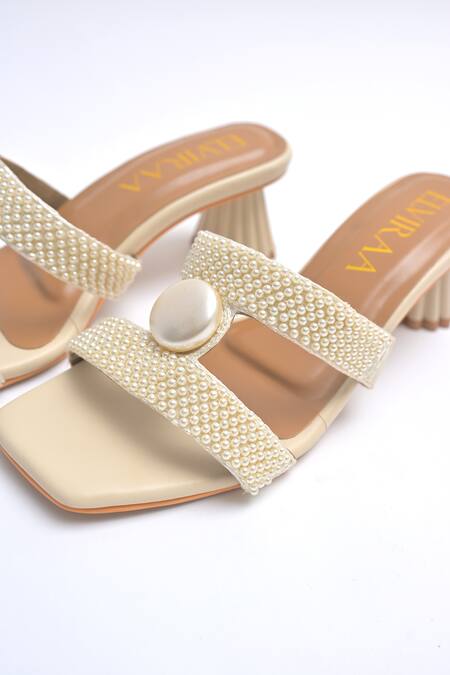 Shop_Elviraa By Pranali A Oswal_Beige Pearls Embellished Sculptural Heels _Online_at_Aza_Fashions