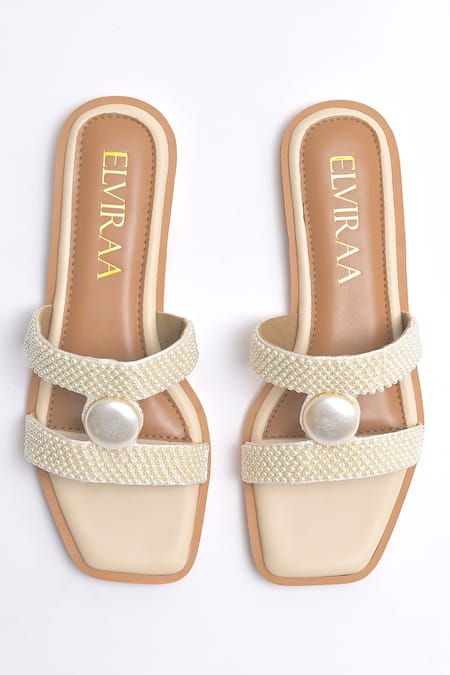 Elviraa By Pranali A Oswal Beige Pearl Embellished Flats 